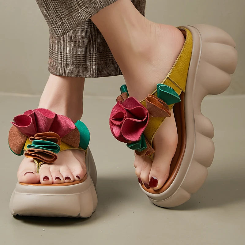 Genuine Leather Sandals Floral Women Slippers Summer Shoes Platform Outside Slides Thick Soles Leisure Ladies Slippers