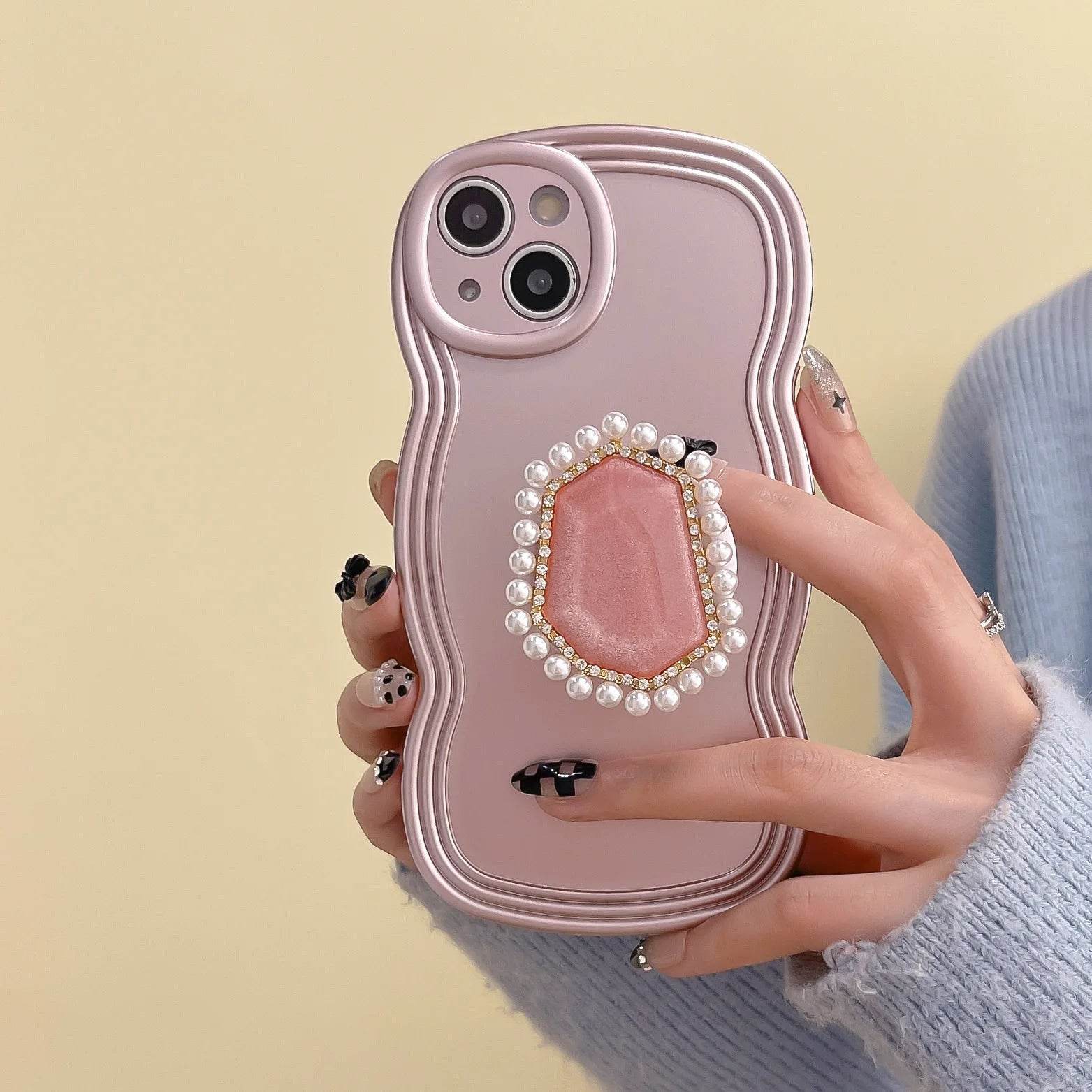 pearl Pink gemstones art Bracket shell woman girls Phone case For iPhone 16 15 14 13 Pro Max Case Cute Luxury Plating Soft Cover - Touchy Style