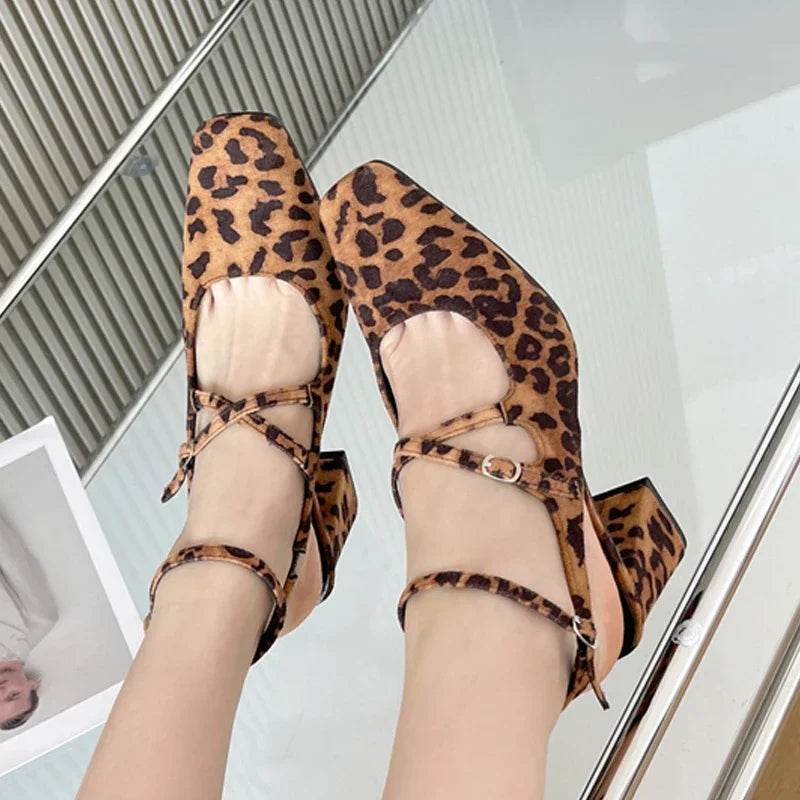 New Fashion Leopard Print Narrow Band Buckle Strap Women Pumps Elegant Square Toe High Heels Wedding Party Shoes - Touchy Style