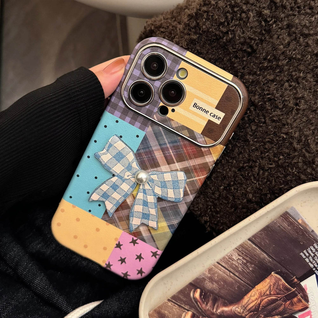 Cute Phone Cases iPhone 16, 15, 14, 13 Pro Max - Leather Texture Splicing Checker Bowknot Sticker Cover - PC3550 - Touchy Style