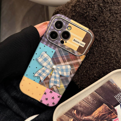 Cute Phone Cases iPhone 16, 15, 14, 13 Pro Max - Leather Texture Splicing Checker Bowknot Sticker Cover - PC3550 - Touchy Style