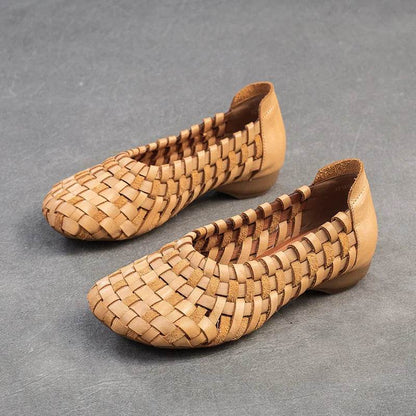Autumn New Vintage Versatile Genuine Leather Woven Flat Shoes Handmade Round Toe Handmade Soft Sole Slip-on Shoes - Touchy Style