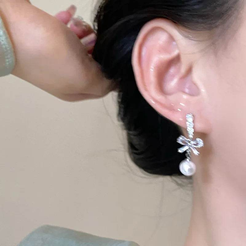925 Sterling Silver Drop Earring Charm Jewelry - Classic Bowknot With Pearl - E9420 - Touchy Style
