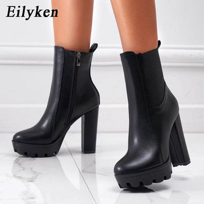 High Quality High Heels Ankle Boots Fashion Women Thick Platform Autumn Winter Slip On Ladies Street Style Shoes Mujer - Touchy Style