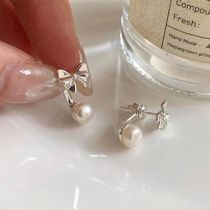 PANJBJ 925 Sterling Silver Bowknot Pearl Earrings For Women Design Sweet Simplicity Jewelry Party Gift Dropshipping - Touchy Style