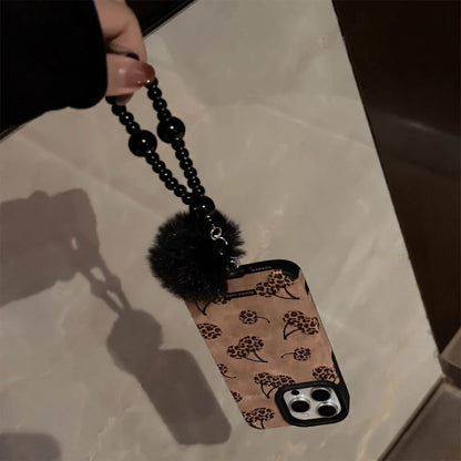 Sexy coffee leopard print cherry art suede Phone case For iPhone 16 15 14 13 12 11 Pro Max Case Cartoon Plush ball pendant Cover - Touchy Style