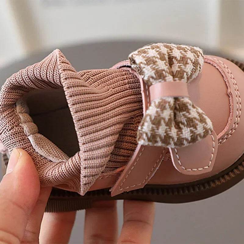 High Top Baby Girl Kintted Sock Shoes Houndstooth Buttefly-knot Toddler Boots for Kids Girls Elegant Newborn Autumn Shoes G09273 - Touchy Style