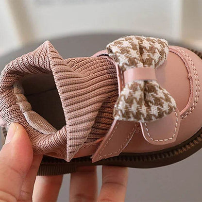 High Top Baby Girl Kintted Sock Shoes Houndstooth Buttefly-knot Toddler Boots for Kids Girls Elegant Newborn Autumn Shoes G09273 - Touchy Style