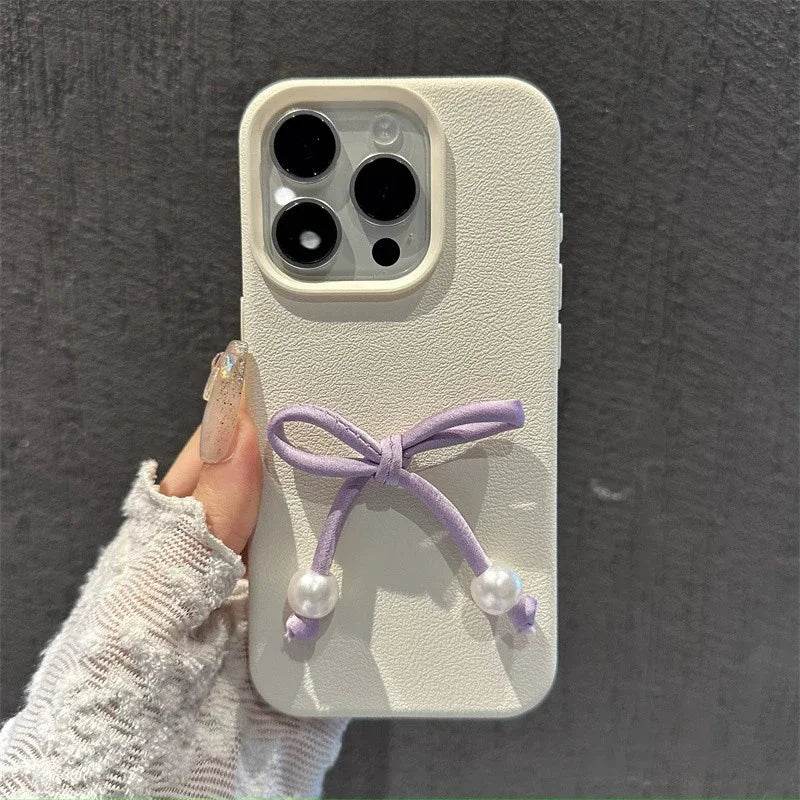 Cute Phone Cases For iPhone 16, 15, 14, 13, 12 Pro, 11 Plus, 11 Pro Max - 3D Pearl Bowknot PU Soft Cover - PC0220 - Touchy Style