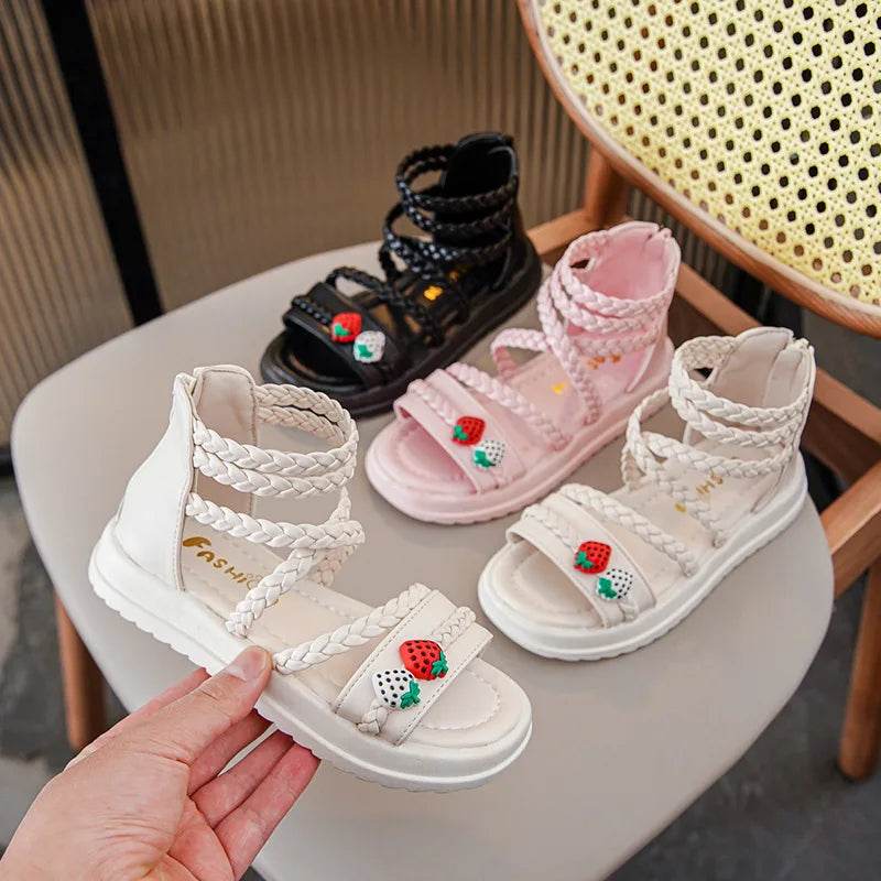 Kids Girls GLADIATOR Sandals Open Toe Knitted Strawberry 2023 New Summer Non Slip Flat Children Casual Shoes Roman Shoes Simple - Touchy Style