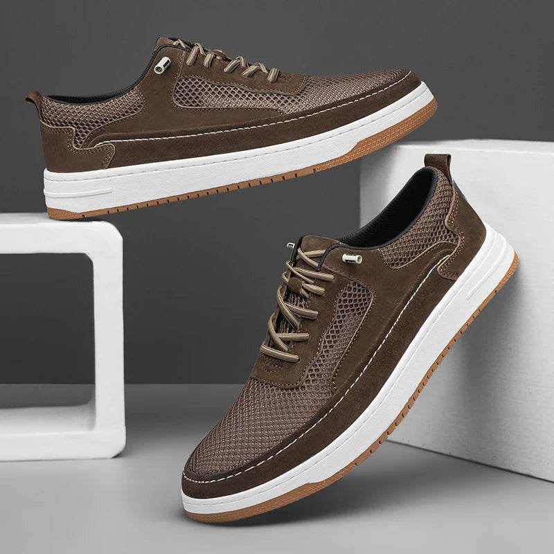 Men Fashion Genuine Leather Shoes Breathable Lace Up Sneakers Comfort Mesh Casual Shoes Outdoor Man Skate Shoes Vulcanize Shoes - Touchy Style