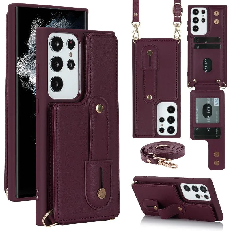 BCPC319 Leather Cute Phone Case for Galaxy S22 Ultra, S22 Plus, A54, 14, 34, 04, 13, 53, 52S, and M13 04S - Crossbody Card Slot