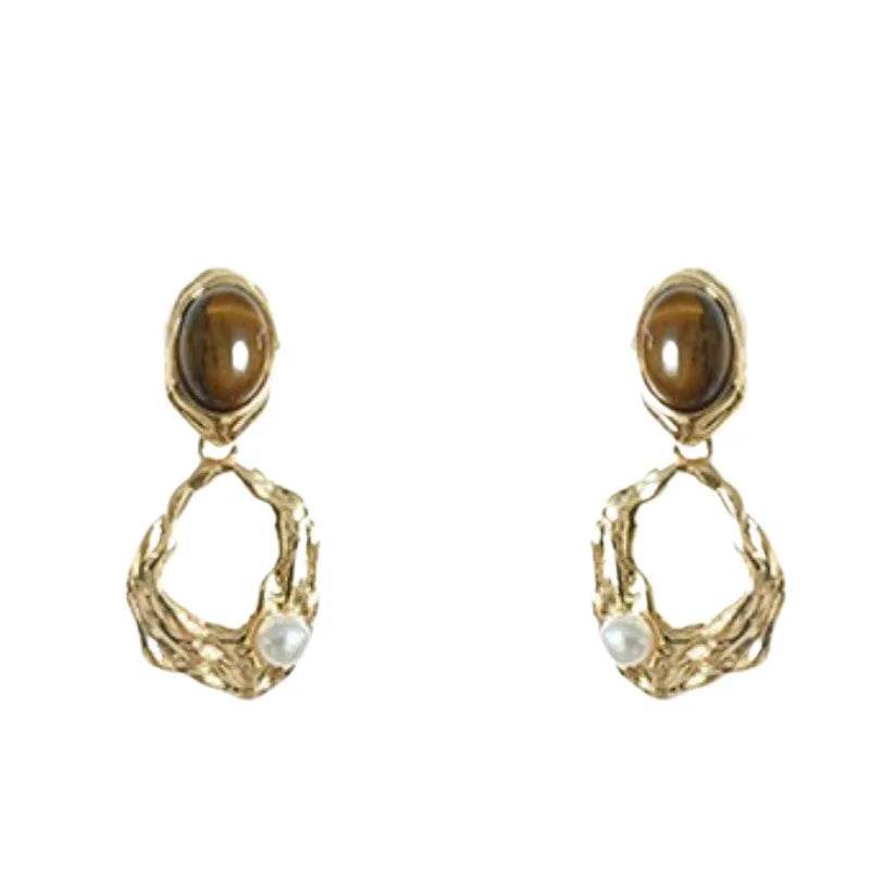 PANJBJ 925 Sterling Silver Tigereye Drop Earring for Women Irregular Hollow Out Pearl Vintage Jewelry Gift Dropshipping - Touchy Style