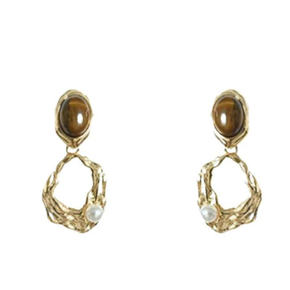 PANJBJ 925 Sterling Silver Tigereye Drop Earring for Women Irregular Hollow Out Pearl Vintage Jewelry Gift Dropshipping - Touchy Style