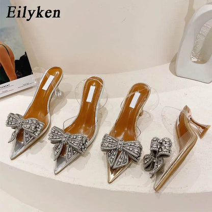 Spring Autumn Crystal Sequined Bowknot Silver Women Pumps Low High Heels PVC Transparent Sandals Party Wedding Prom Shoe - Touchy Style
