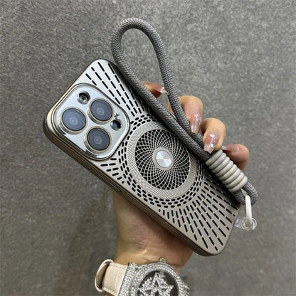 Luxury Wristband Lanyard Magnetic Case for iPhone 16 15 14 13 12 Pro Max 16 Plus Magsafe Hollow Out Heat Dissipation Slim Cover