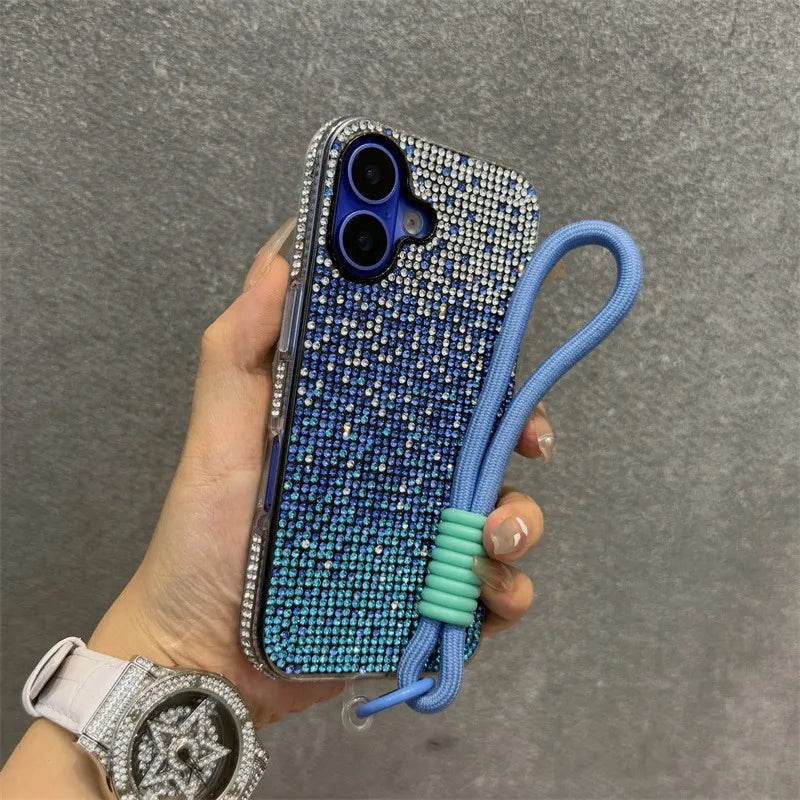 Luxury Bling Case Full Shinny Diamond Bumper Frame Cover For iPhone 15 16 ProMax 14 Plus 13 12 11 Pro Max Wristband Lanyard Case - Touchy Style