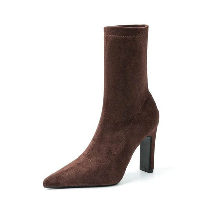 Winter Thick Heel Sock Flock Women Boots Pointed Toe Ankle Booties Sexy Female Shoes Plus Size 34-42 - Touchy Style