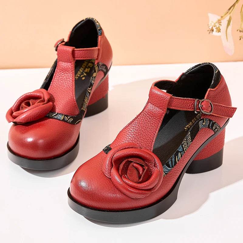 Spring Women Pumps Retro Lady 7CM High Heels Buckle Strap Flower Pumps Handmade Women Genuine Leather Shoes
