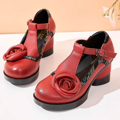 Spring Women Pumps Retro Lady 7CM High Heels Buckle Strap Flower Pumps Handmade Women Genuine Leather Shoes