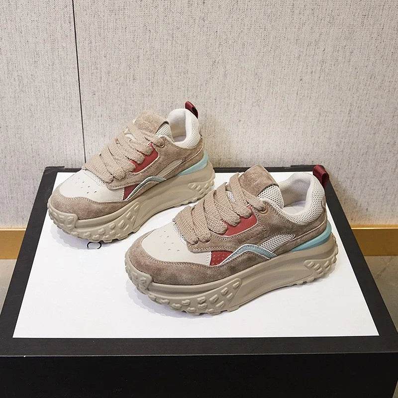 6cm Genuine Leather Platform Mesh Breathable Sneakers Chunky Hidden Heel Mixed Color Women Autumn Spring Vulcanize Shoes - Touchy Style