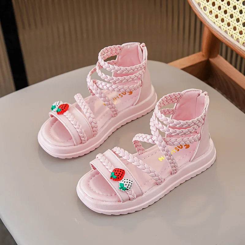Kids Girls GLADIATOR Sandals Open Toe Knitted Strawberry 2023 New Summer Non Slip Flat Children Casual Shoes Roman Shoes Simple - Touchy Style