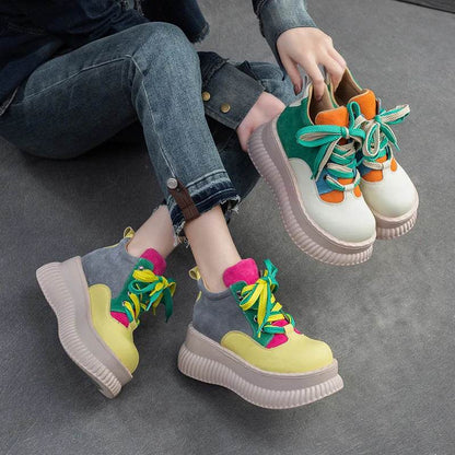 Spring New Genuine Leather Flat Platform Shoes Mixed Colors Thick Sole Shoes For Casual Sneakers Women&