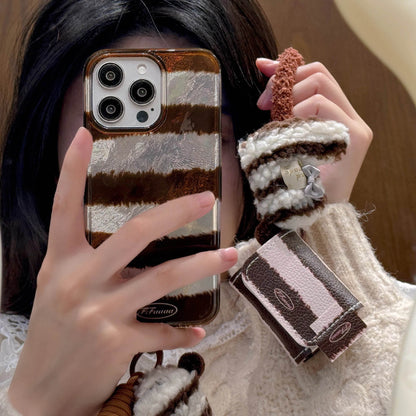 Cute Phone Cases For iPhone 16, 15, 14, 13 Pro Max - Creative Laser Brown Stripes with Fluffy Socks Wrist Band - PC6130 - Touchy Style