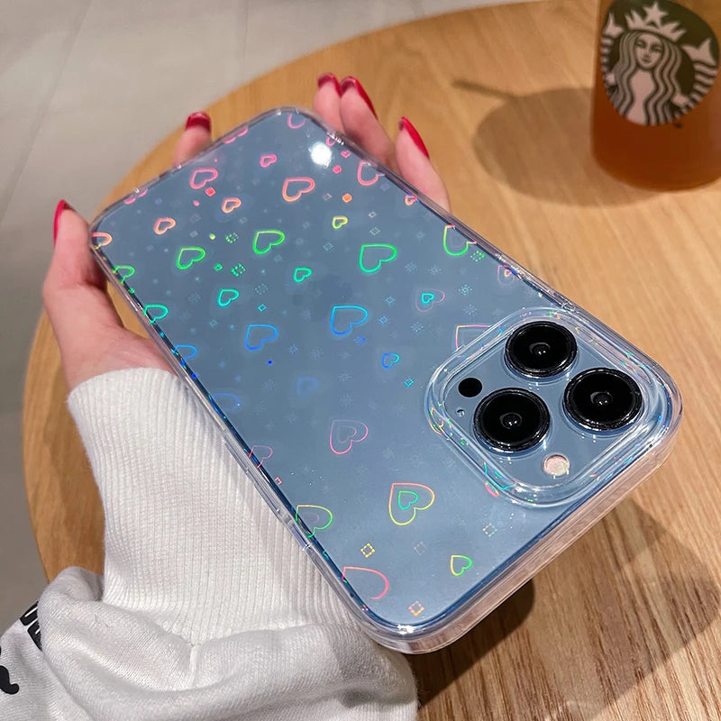 Laser Cute Phone Cases For iPhone 11 13 12 Pro Max X XS XR 7 8 Plus SE 2020 Transparent Heart
