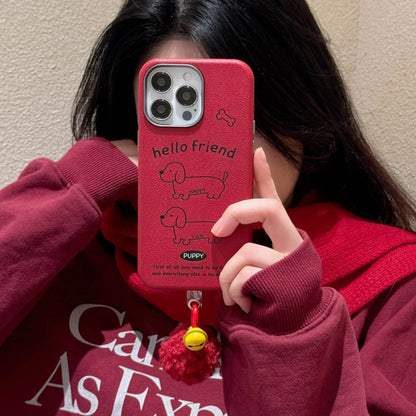Cute Phone Cases For iPhone 16, 15, 14, 13 Pro Max - Red Leather Cover - Dog Pattern with Fluffy Dangle - PC616 - Touchy Style