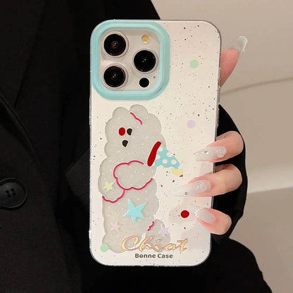 Cute Phone Cases For iPhone 16, 15, 14, 13, 12, 11 Pro Max, 15 Plus - Glitter Lazy Party Puppy - Transparent Cover - IC4011 - Touchy Style