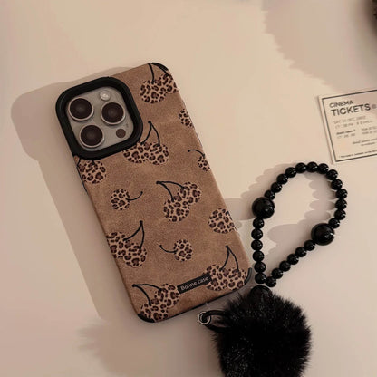 Sexy coffee leopard print cherry art suede Phone case For iPhone 16 15 14 13 12 11 Pro Max Case Cartoon Plush ball pendant Cover - Touchy Style