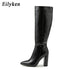 Black Serpentine Fashion Women Knee High Boots Sexy Pointed Toe Square Heels Ladies Long Boot Zipper Female Shoes - Touchy Style