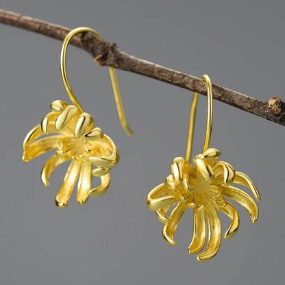 Lotus Fun Original 18K Gold Elegant Chrysanthemum Flower Dangle Earrings for Women Real 925 Sterling Silver Party Fine Jewelry - Touchy Style