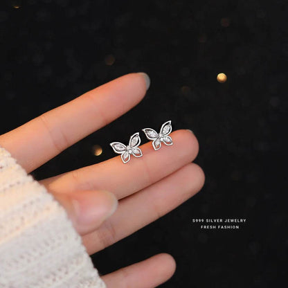 Real 999 Sterling Silver Fashion Romantic Delicate Zircon Butterfly Stud Earrings For Women Wedding Fine Jewelry - Touchy Style