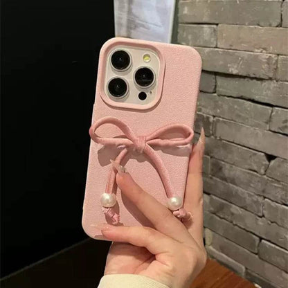 Cute Phone Cases For iPhone 16, 15, 14, 13, 12 Pro, 11 Plus, 11 Pro Max - 3D Pearl Bowknot PU Soft Cover - PC0220 - Touchy Style