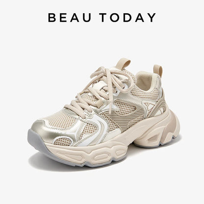 BEAUTODAY Sliver Chunky Sneakers Women Split Leather Mesh Patchwork Lace-up Closure Spring Female Leisure Shoes Handmade A29465