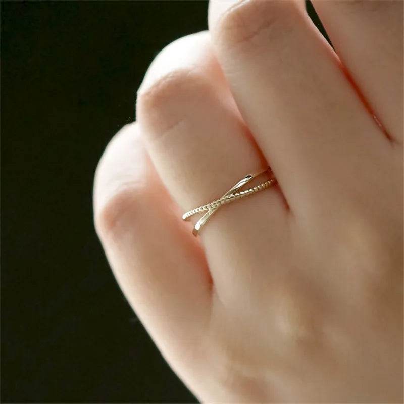 925 Sterling Silver Plated 14K Gold Simple Line Ring for Women Korean Fashion Temperament Everyday Jewelry Accessories - Touchy Style