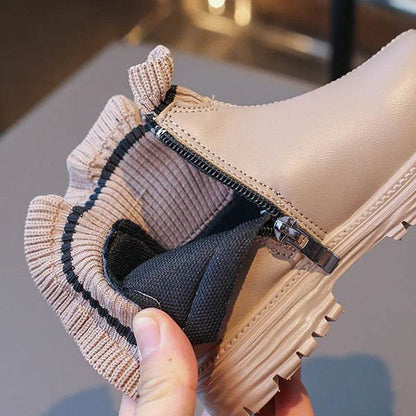 Knitted Ruffled Bordered Girl Short Boots 2024 Spring Autumn Platform Boots for Kids Girls Princess Wedding Party Shoes H07204 - Touchy Style