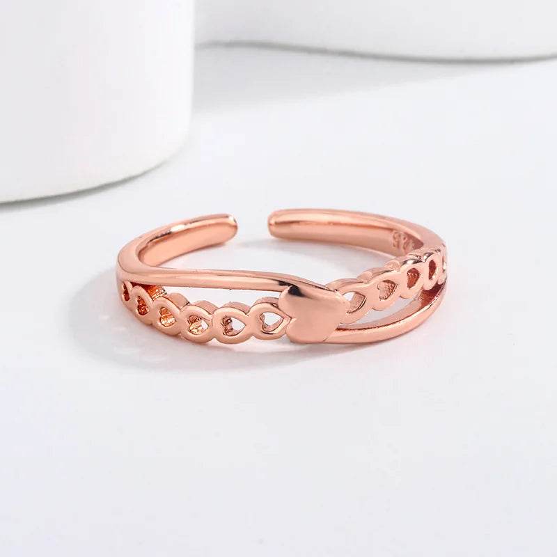 PANJBJ 925 Sterling Silver Love Heart Ring for Women Chain Overlapping Hollow Out Design Finger Jewelry Gift Dropshipping - Touchy Style