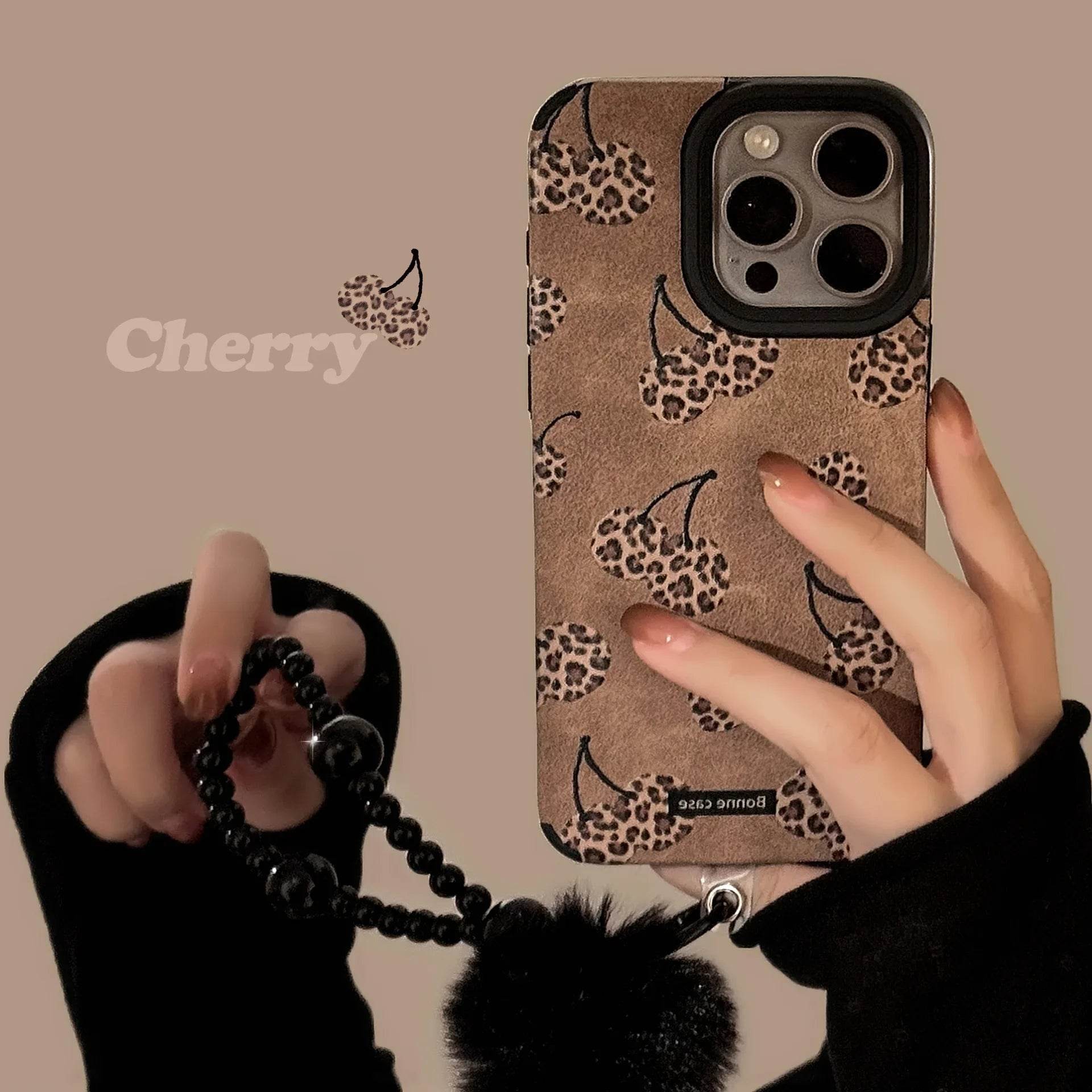 Sexy coffee leopard print cherry art suede Phone case For iPhone 16 15 14 13 12 11 Pro Max Case Cartoon Plush ball pendant Cover - Touchy Style