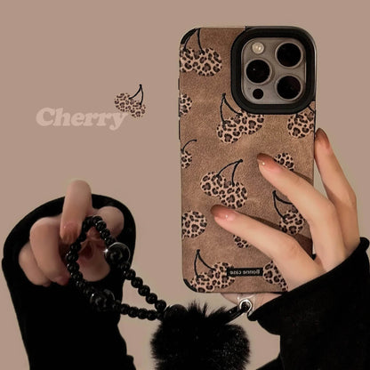 Sexy coffee leopard print cherry art suede Phone case For iPhone 16 15 14 13 12 11 Pro Max Case Cartoon Plush ball pendant Cover - Touchy Style