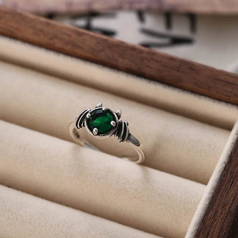 PANJBJ 925 Sterling Silver Green Zircon Rings For Women Wing Devil Design Hip Hop Trend Adjustable Jewelry Gift Dropshipping - Touchy Style