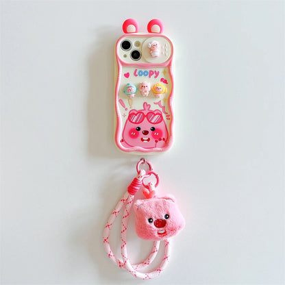 Cute 3D Cartoon Loopy Push-Pull Camera Phone Case for IPhone 16 15 Pro Max 14 Plus 13 12 Pro Max 11 with Strap Soft Back Cover
