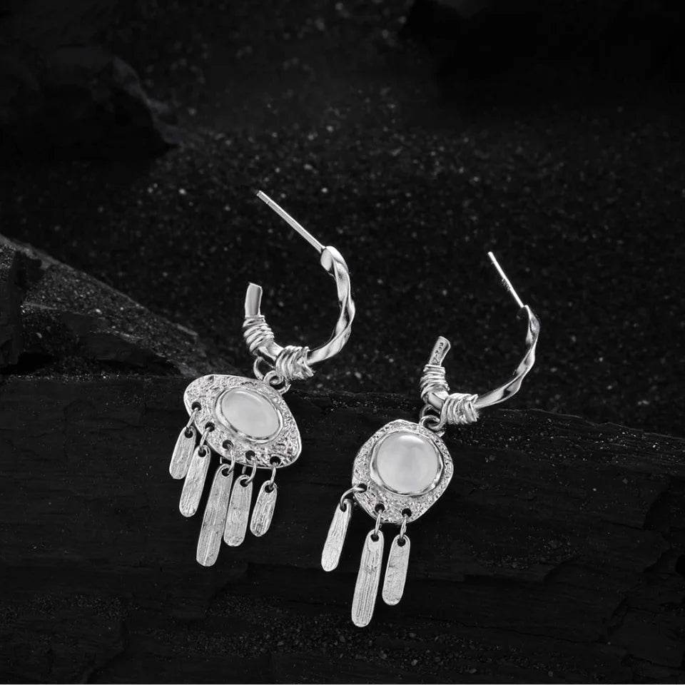 PANJBJ 925 Sterling Silver Crystal Texture Earring for Women Tassels Bohemia Versatile Cool Jewelry Party Gift Dropshipping - Touchy Style