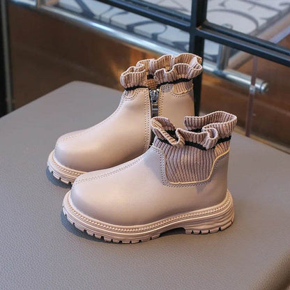 Knitted Ruffled Bordered Girl Short Boots 2024 Spring Autumn Platform Boots for Kids Girls Princess Wedding Party Shoes H07204 - Touchy Style