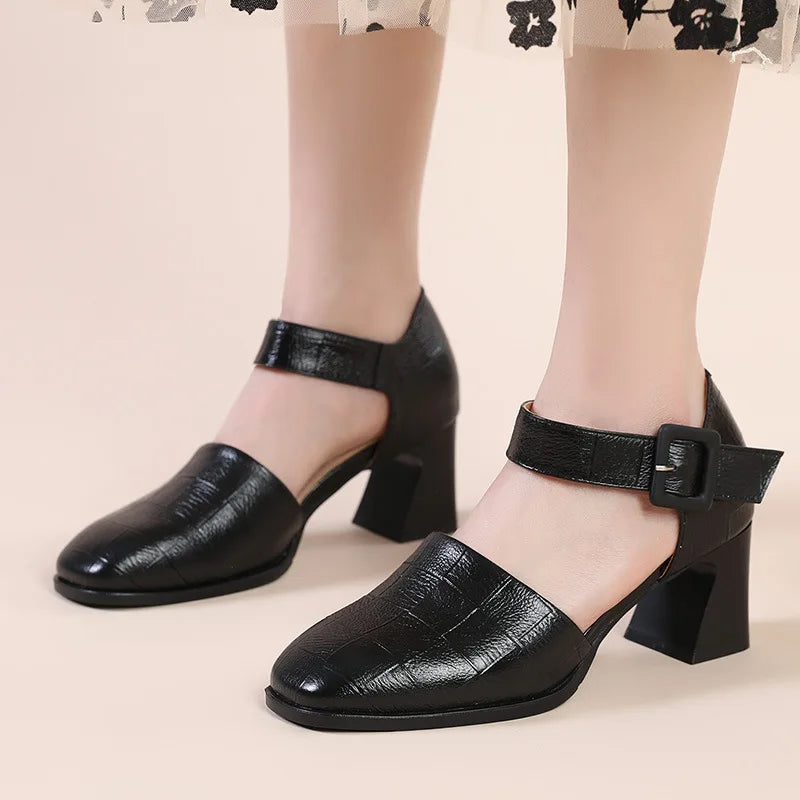 New Fashion Genuine Leather Sandals Woman High Heels Closed Toe Ladies Summer Buckle Strap Platform Shoes Women Sandals