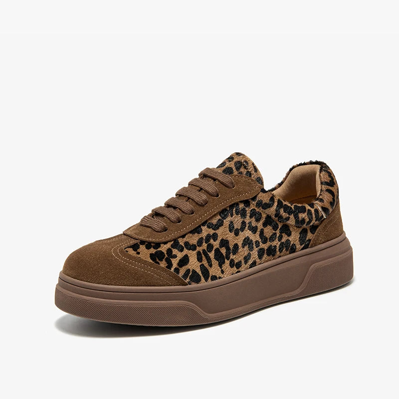 BEAUTODAY Fashion Leopard Sneakers Women Cow Suede Lace-up Round Toe Patchwork Ladies Shoes Handmade 29895