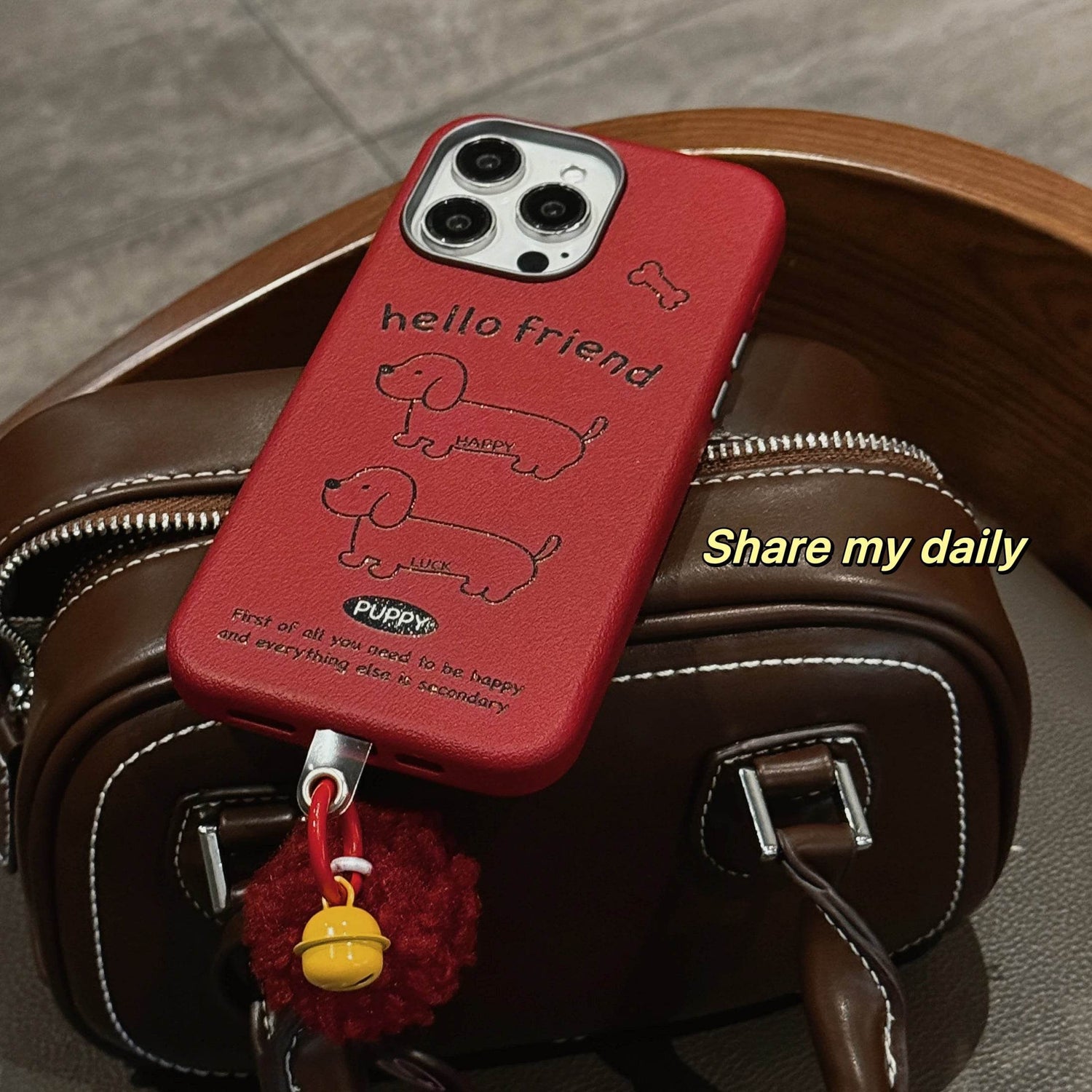 Cute Phone Cases For iPhone 16, 15, 14, 13 Pro Max - Red Leather Cover - Dog Pattern with Fluffy Dangle - PC616 - Touchy Style