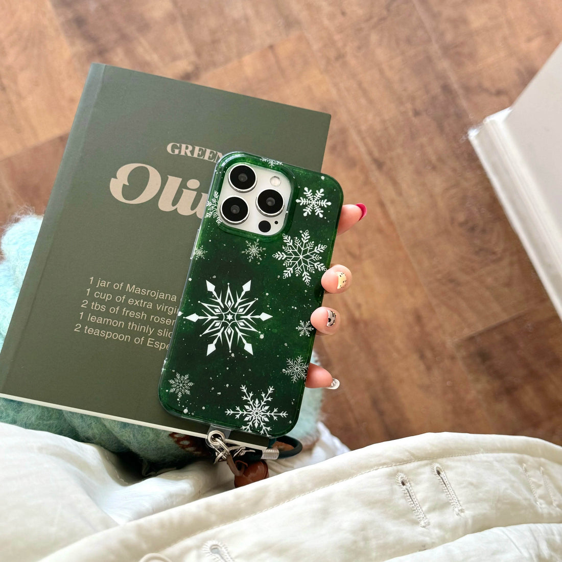 Cute Phone Cases For iPhone 16, 15, 14, 13 Pro Max - Vintage Glittering Green Snowflakes - Fluffy Dangle Chic Back Cover - PC9430 - Touchy Style
